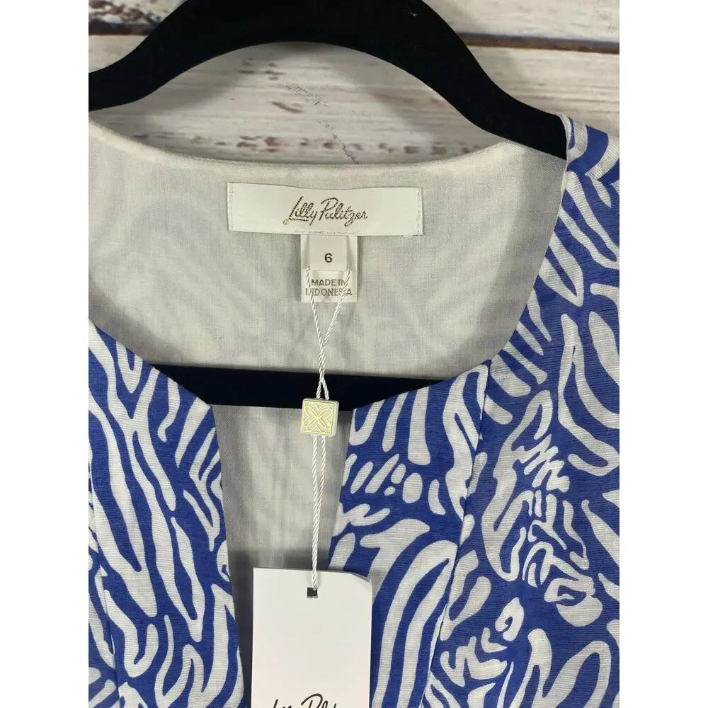 Lilly Pulitzer Laurilee Blouse Womens 6 Blue Animal Print Long Sleeve Zip Top - Picture 3 of 10